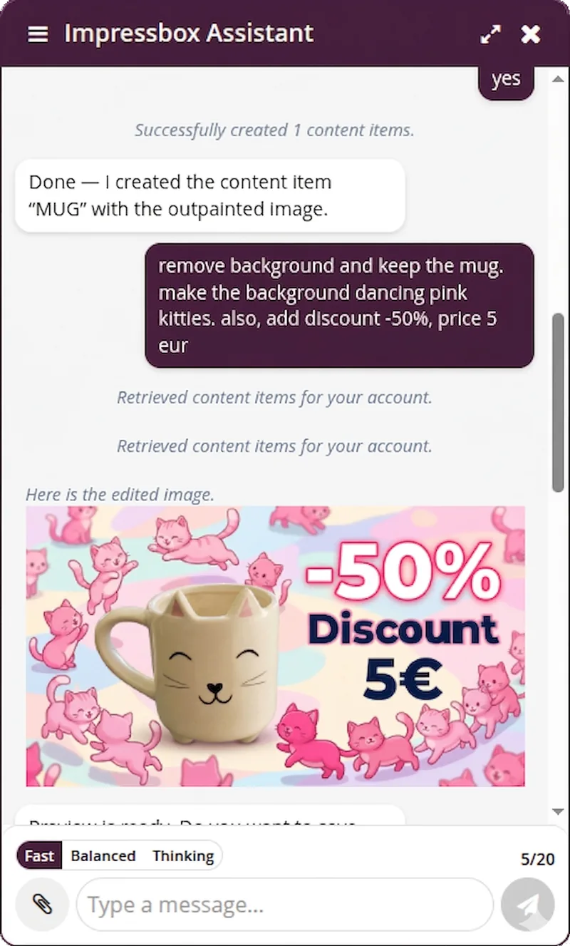 impressBox AI Agent chat: asked to remove a mug photo's background and add a -50% discount, the agent edits the image and saves it as new content