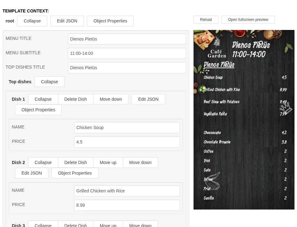 The lunch menu as a parametrized template: a form with dish and price fields beside the finished menu board